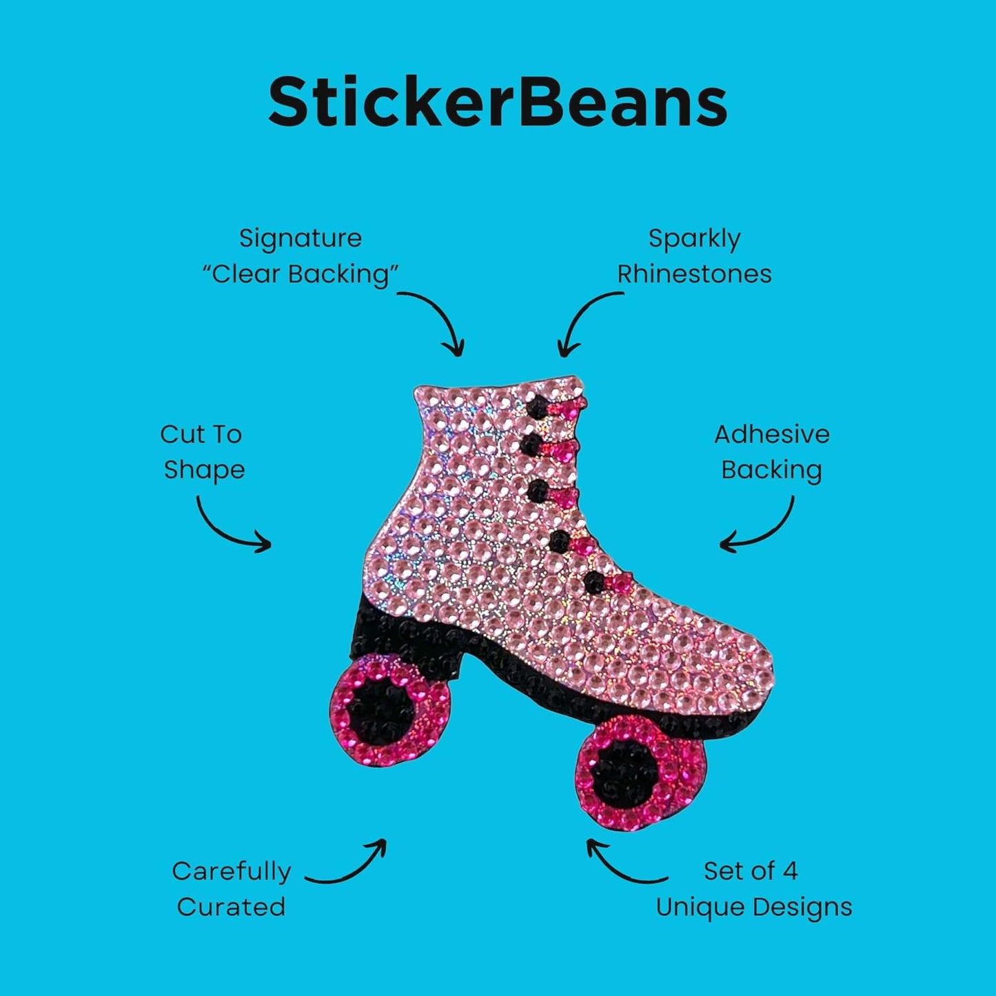 StickerBeans® Rhinestone Stickers - Retro Set 4-Pack, 2” x 2” Each, Unique Sparkly Cut-to-Shape for Collecting, Trading, Decorating Laptops, Phone Cases, Scrapbooks, for Kids, Teens, & Adults