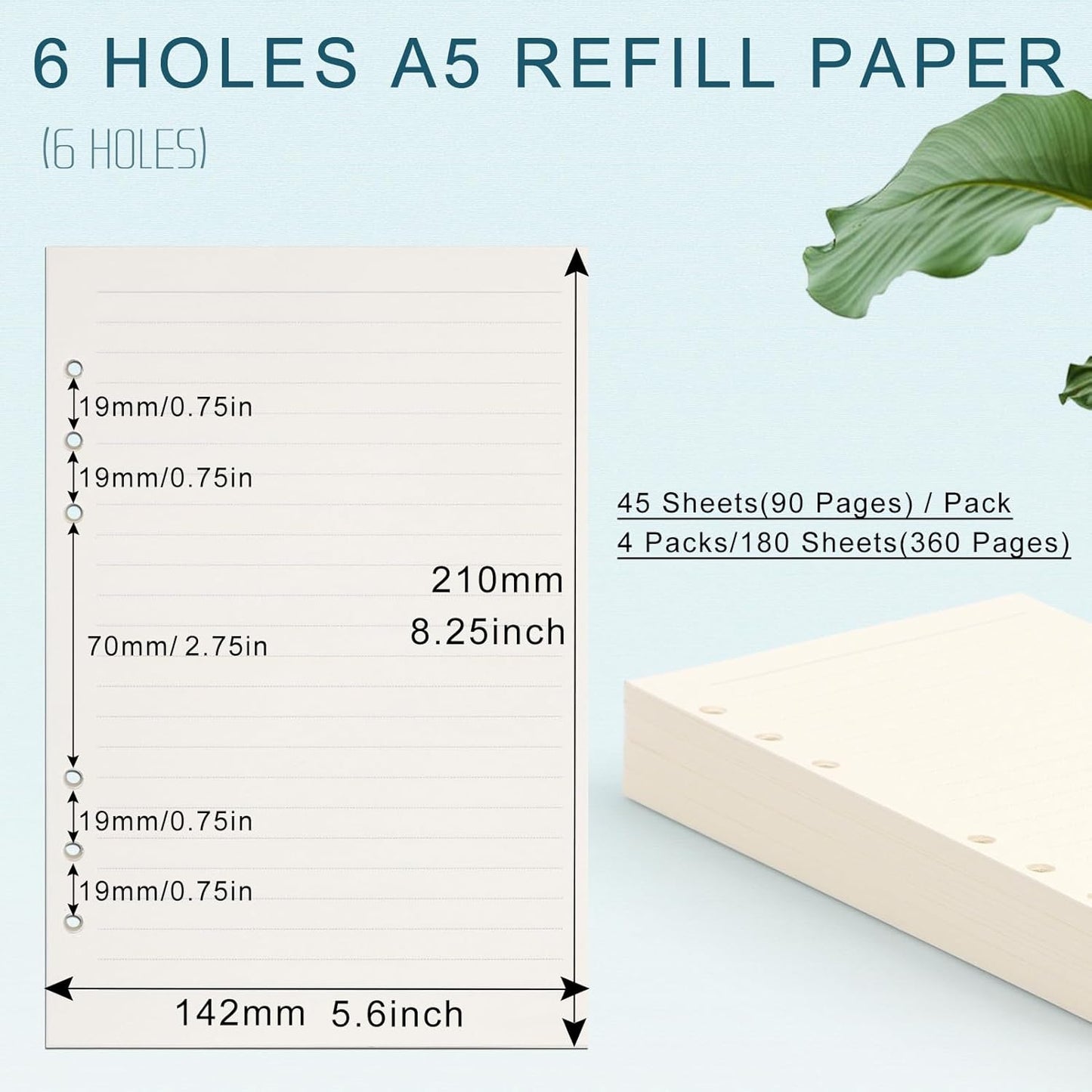Toplive A5 Refill Paper [4 Pack], 100GSM Thick 6 Hole Lined Loose Leaf - 180 Sheets (360 Pages), Refillable Filler Inserts for 6 Ring Binder/Journal/Notebook - Ideal for Daily Writing & Note-Taking