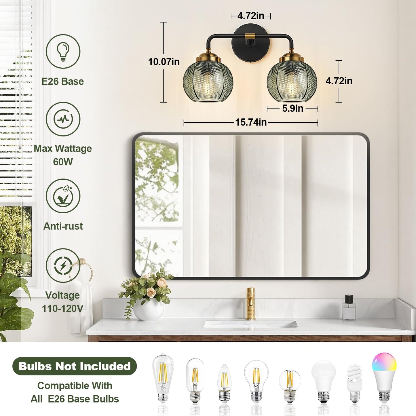 MOKATNG Bathroom Light Fixtures, 2-Light Green Vanity Lights with Unique Leaf Texture Glass Shade, Modern Matte Black and Gold Bathroom Wall Lamp for Mirror Hallway Cabinet Living Room