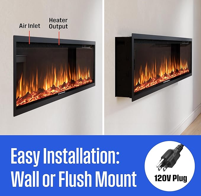 Westinghouse 74 Inch Electric Fireplace Heater, Compatible with Alexa & Google Home, Wall Mount or in-Wall Recessed Fireplace Insert, 24 Hour Timer, Color Changing Flames, 750W/1500W Indoor Heater
