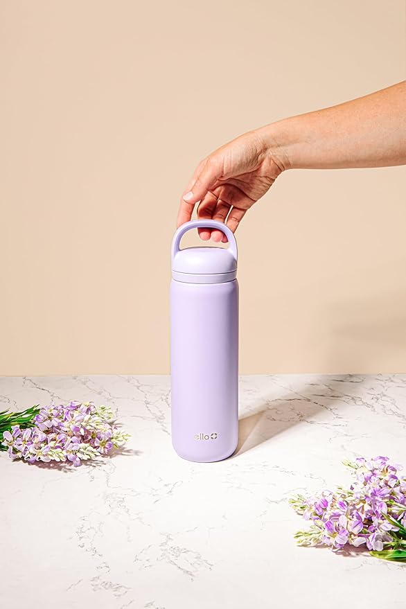 Ello Cooper Twist 32oz Stainless Steel Water Bottle with Chug Lid | Leak Proof | Double Walled and Vacuum Insulated | Built in Carry Loop | Dishwasher Safe | Lilac