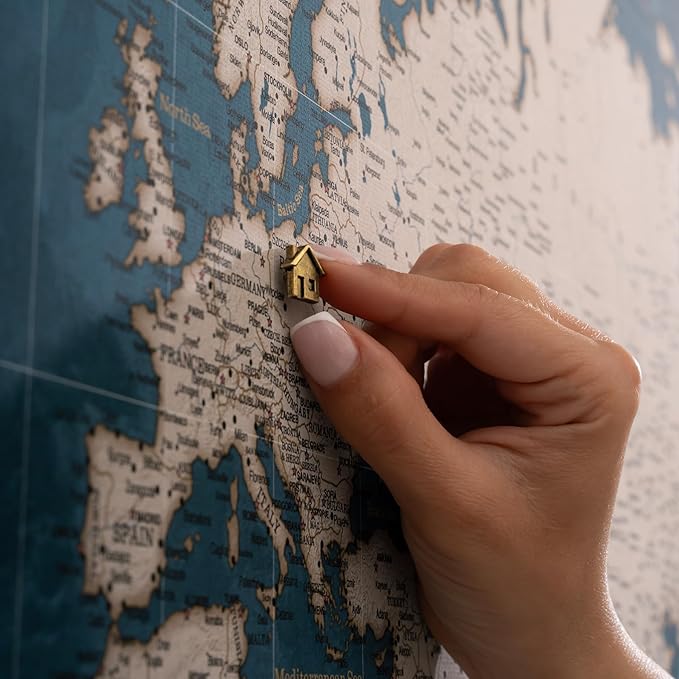 Canvas World Map with Cork Pin Board - English Lettering - Decorative Wall Decoration for All Rooms - Canvas Pictures with World Map Motif (120x80 cm, Pattern 19)