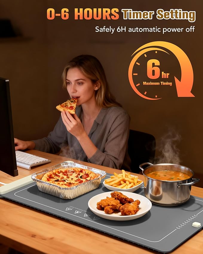 Potahouse® Warming Mat for Food, Graphene Full-Surface Fast Heating, Electric Warming Tray with 6 Temp & Timer Settings, Rollable & Portable Silicone Food Warmer for Parties, Home and Travel, Gray
