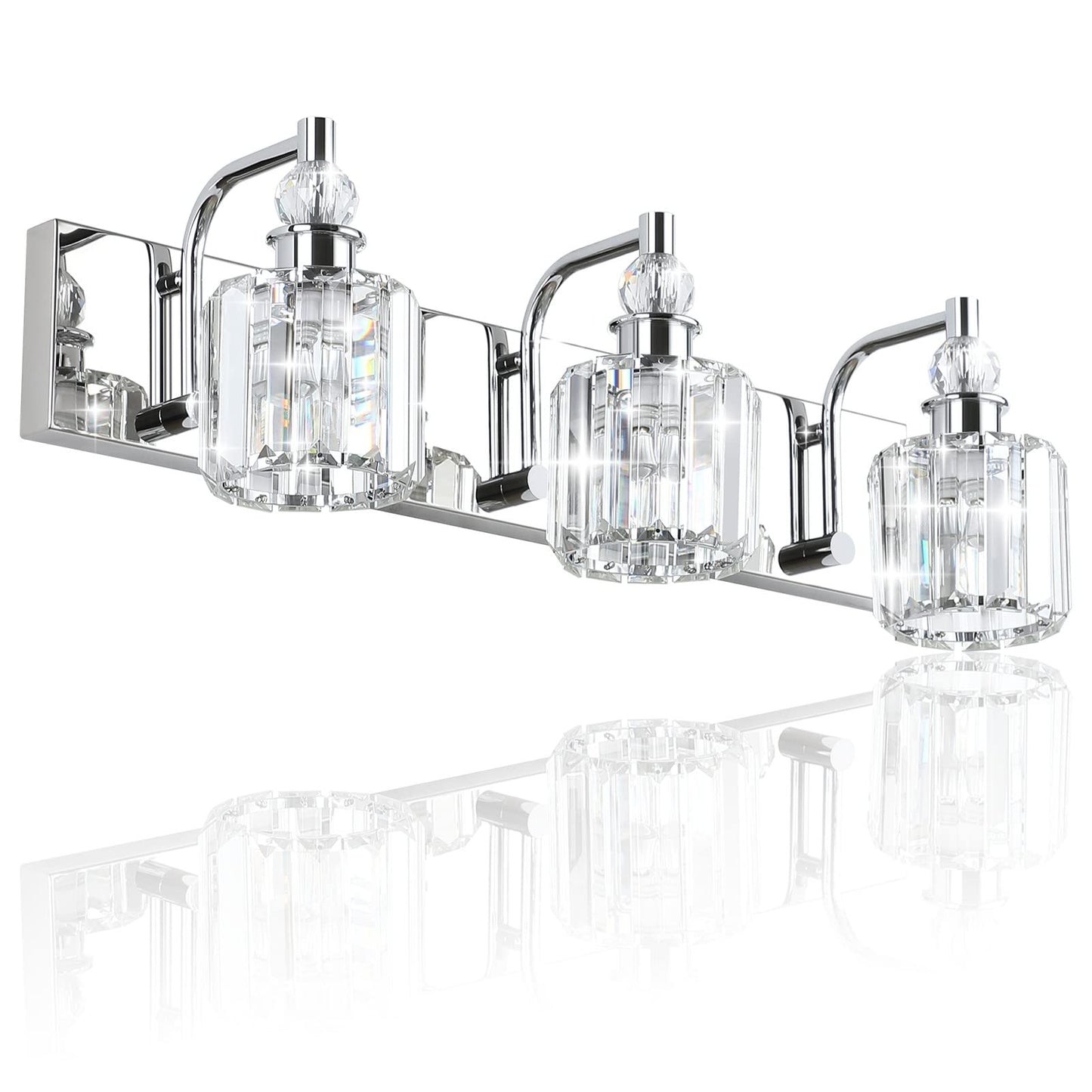 Ralbay 3-Light Crystal Vanity Light Fixtures, 24 Chrome Stainless Steel, Model 8605 For Modern Bathroom Wall Lighting