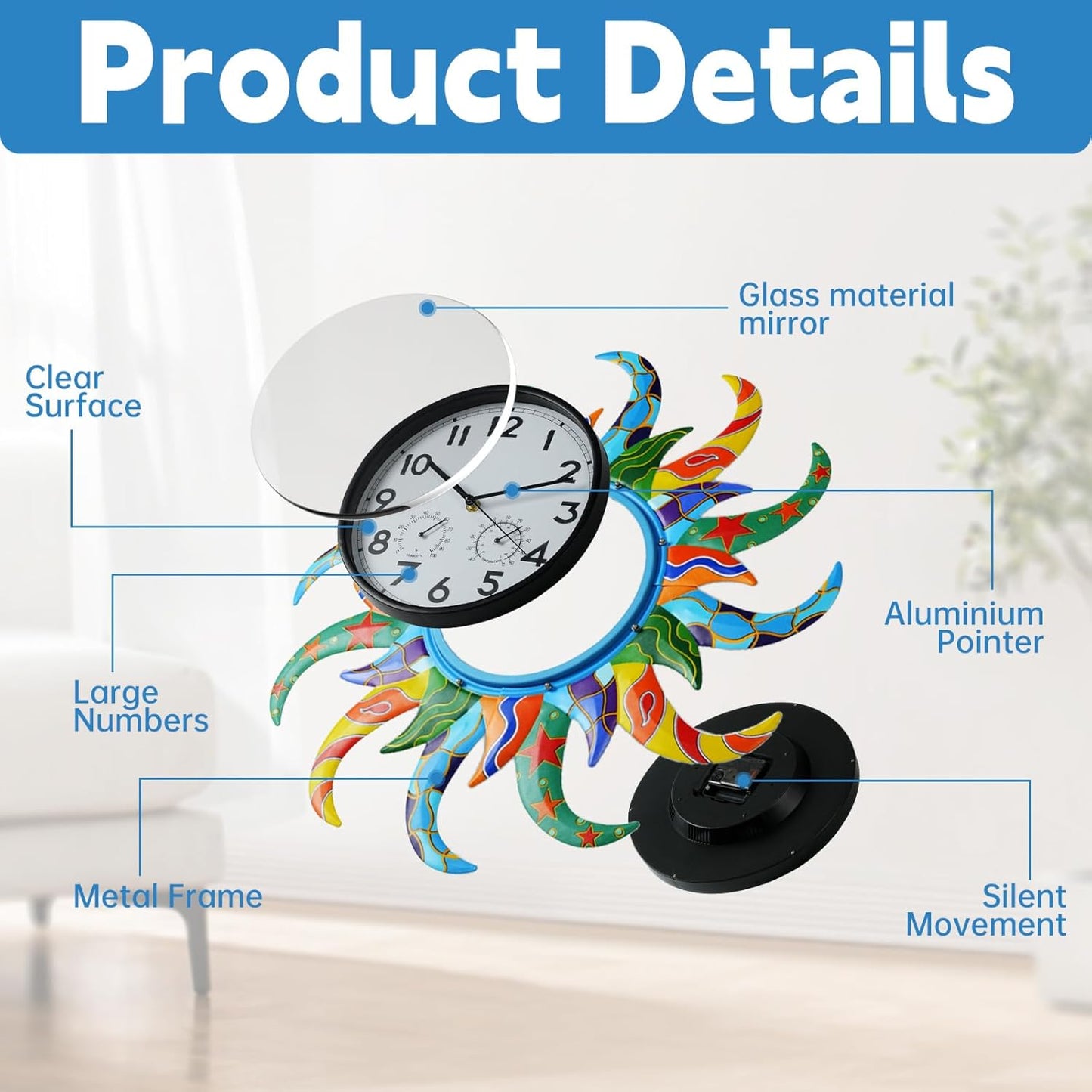 25-Inch Sun-Shaped Outdoor Clock and Thermometer Set, 10-Inch Dial, Battery Powered, Waterproof, Silent Quartz Movement (Blue)