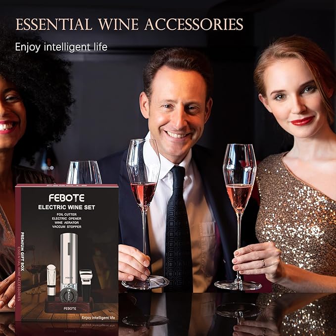 Electric Wine Opener Set for Home Bar Party - 5-in-1 Automatic Rechargeable Corkscrew with Charging Base, Foil Cutter, Vacuum Stoppers, Aerator, Accessories Premium Mahogany Base - Brown