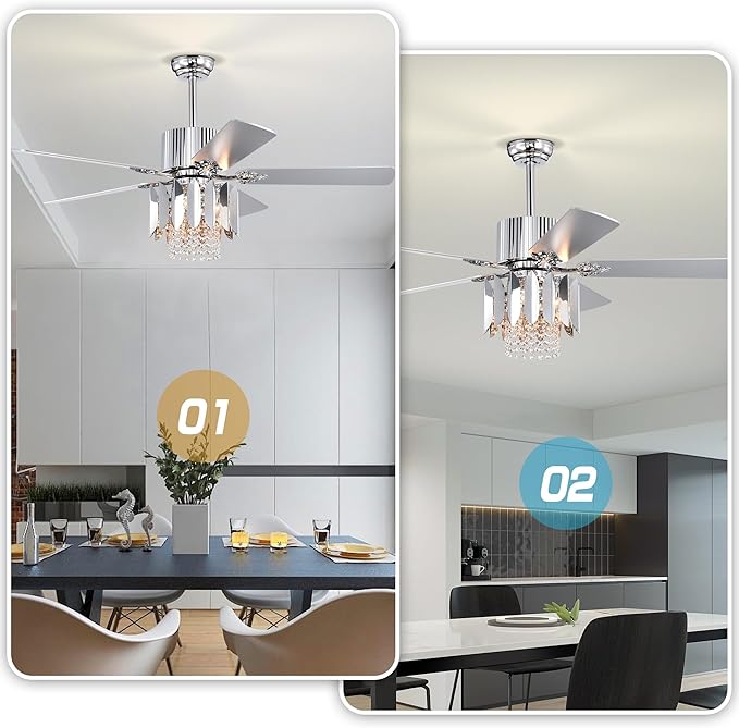 NicBex Ceiling Fan 52 Inch Ceiling Fan with Lights Ceiling Fans with 5 Reversible Blades and Remote Control Ceiling Fan with Crystal Lamp Shade for Bedroom, Living Room, Silver