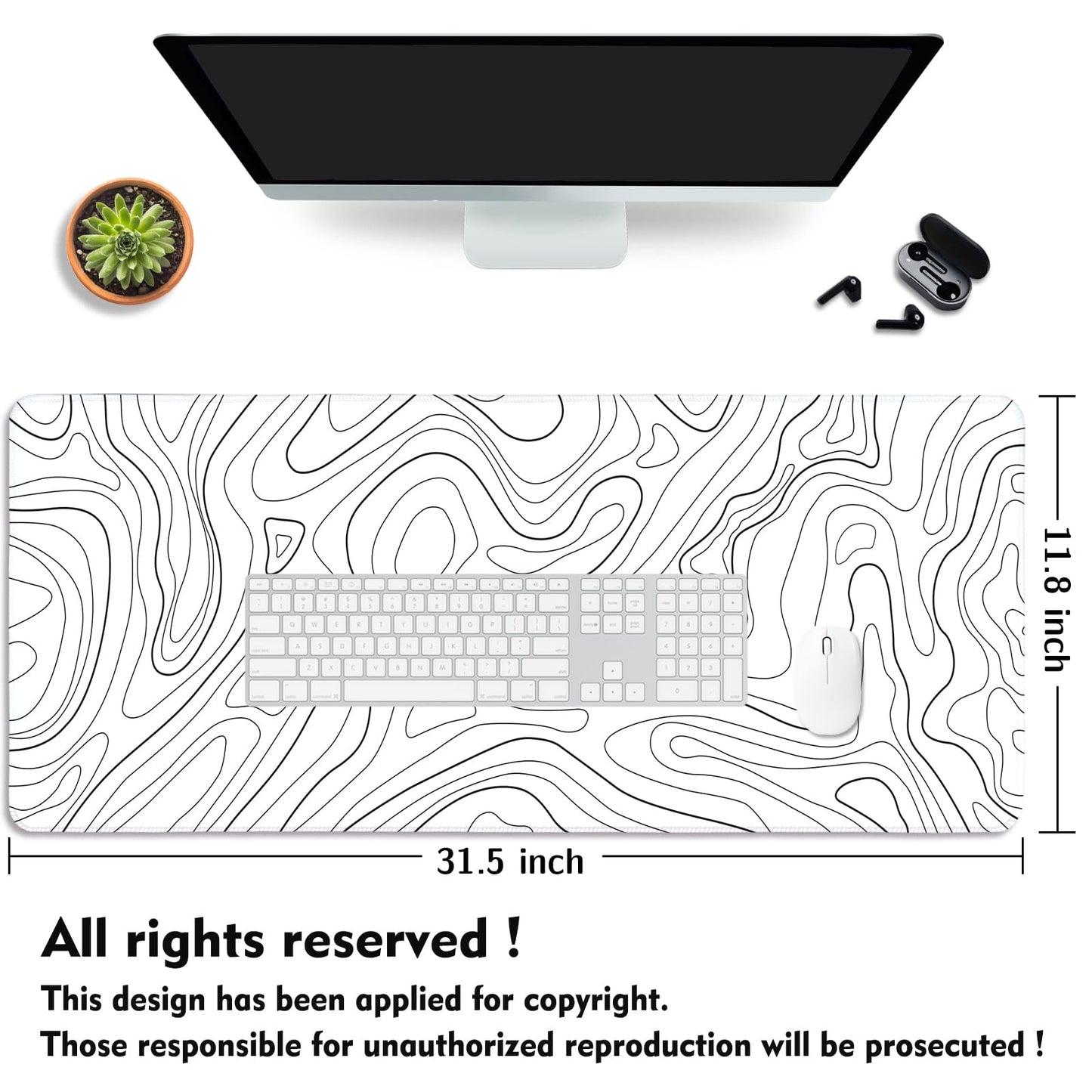 Topographic Mouse Pad XL - Large Extended Desk Mat for Gaming, Black and White Minimalist Keyboard Pad for Office & Home