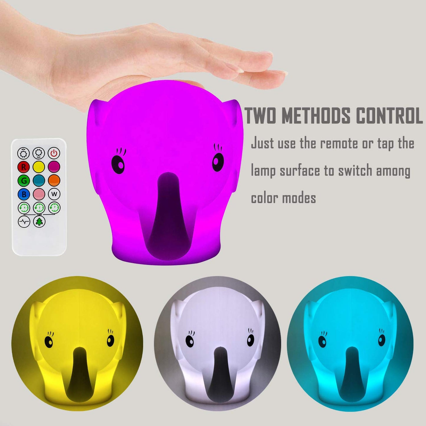 Tianhaixing LED Night Light for Kids, Cute Elephant Design, Rechargeable, Touch & Remote Control, White, Model THX8860