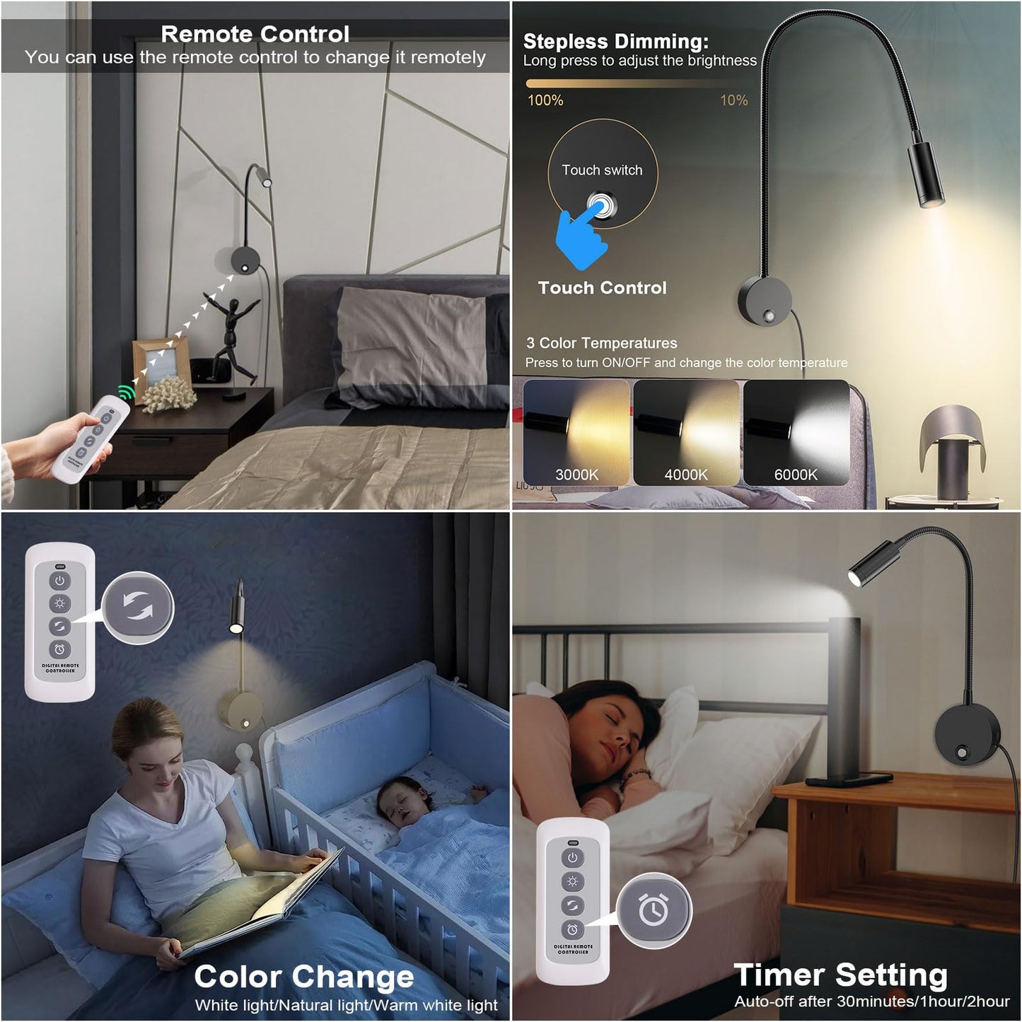 ERAY Wall Mounted LED Reading Light, Dimmable, Remote Control, USB Charging, 15in Gooseneck, Black, 1 Pack, Model PY-HB605U-RF