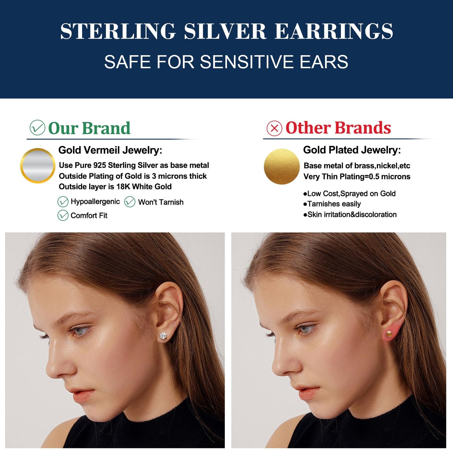 Moissanite Earrings Screw Back 6 Carats 9mm Moissanite Stud Earrings for Women, 18k Yellow Gold Plated S925 Sterling Silver Men'