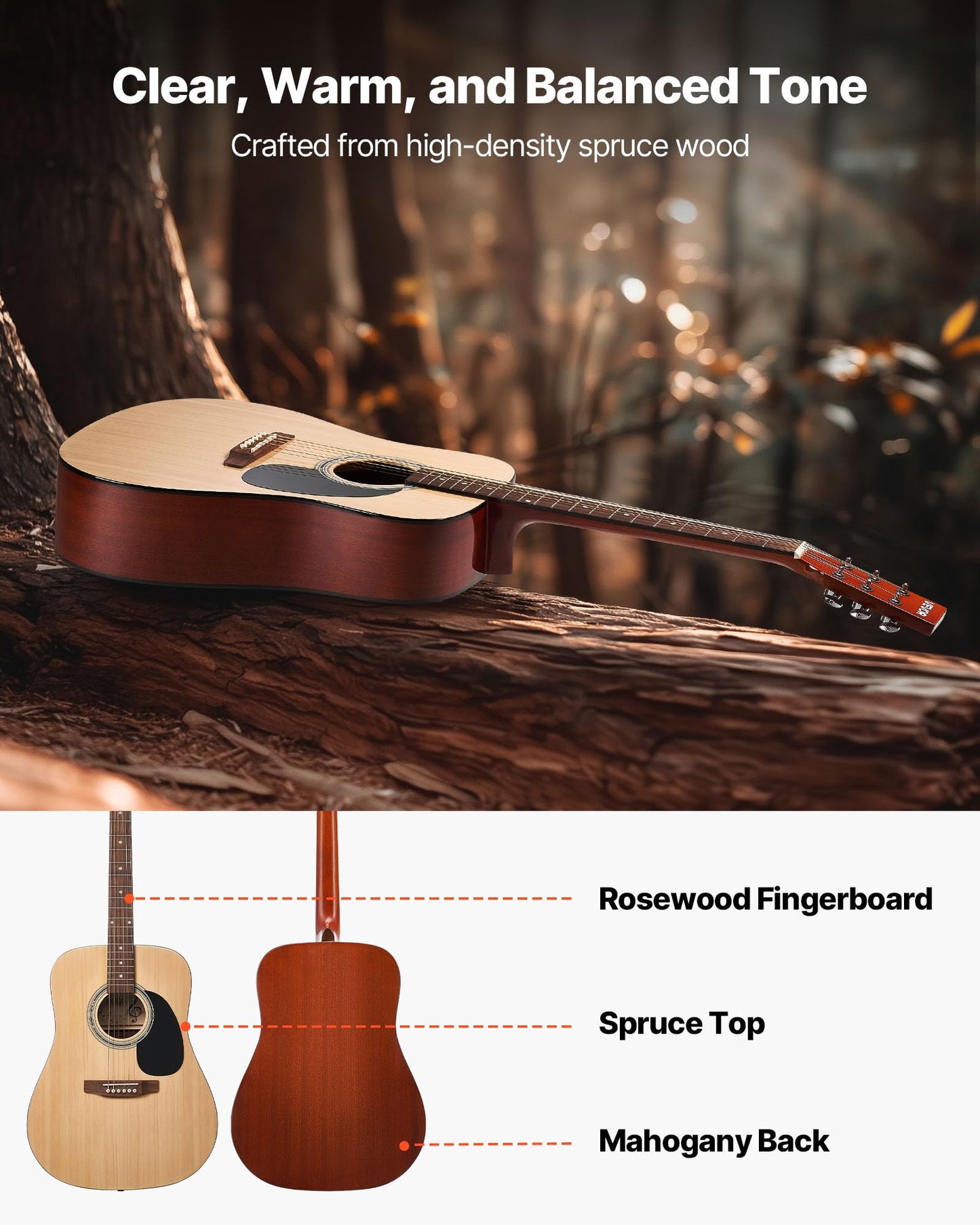 Vevor Dreadnought Acoustic Guitar, 41 In, 6-String Natural Solid Spruce Top Guitar, Beginner Bundle With Gig Bag, Tuner, Strap,
