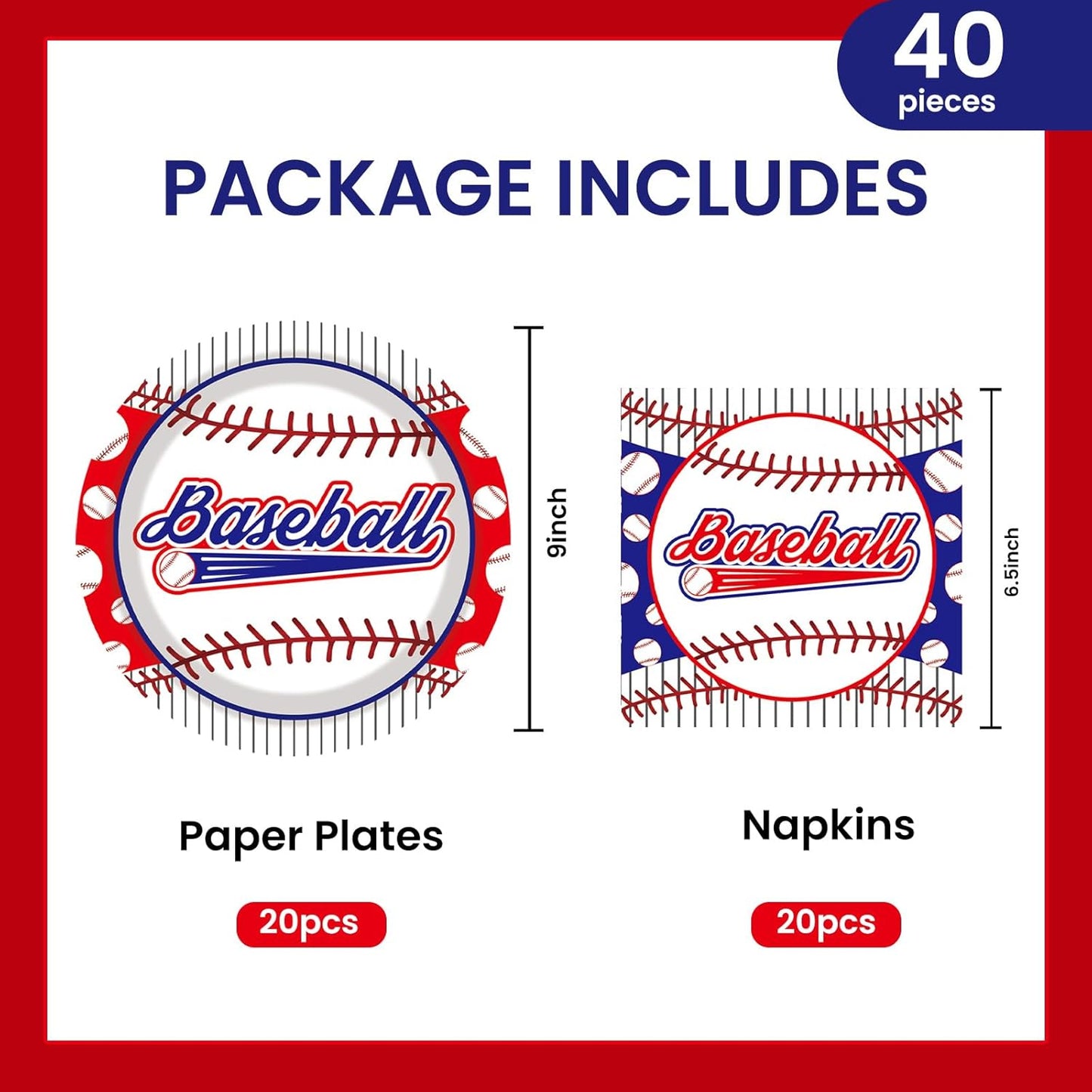 40PCS Baseball Paper Plates and Napkins Party Supplies, Disposable Baseball Party Plates and Napkins Tableware Set for Baseball Birthday Party Decorations Serves 20 Guests (Baseball)
