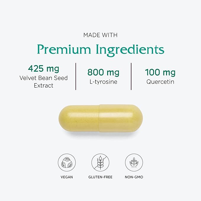 Vitanica Dopamine Assist, Dr Formulated Dopamine Supplement, L-Tyrosine, Mucuna Pruriens Neurotransmitter Mood Support, Vitamin B6, Folate, Green Tea Extract Quercetin Vegan, 60 Capsules