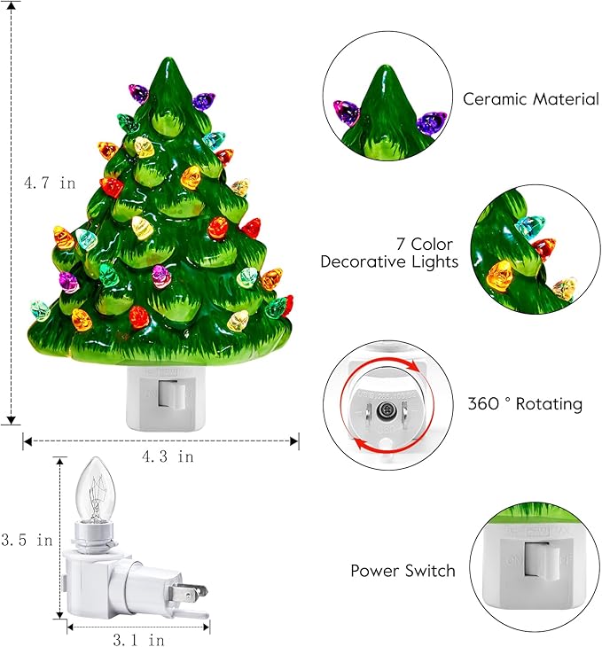 Brightown Ceramic Christmas Tree Night Light - 2 Pack 6" Christmas Decorative Ceramic Tree with ON/Off Switch, Vintage Christmas Night Light for Bedroom Bathroom Porch Holiday Decor