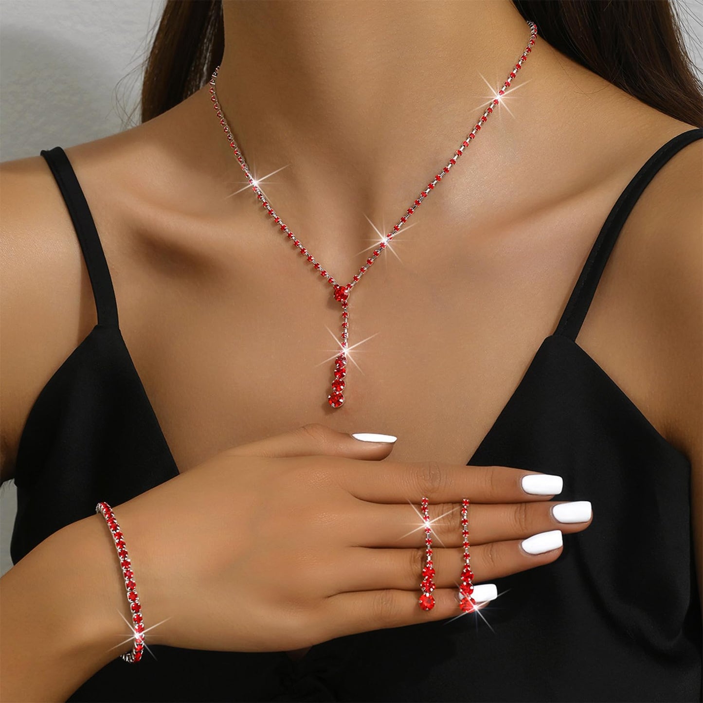 HUASAI Red Wedding Jewelry Sets for Brides Rhinestone Necklace Earrings Bracelet Set Bridal Costume Jewelry for Women Formal Wed