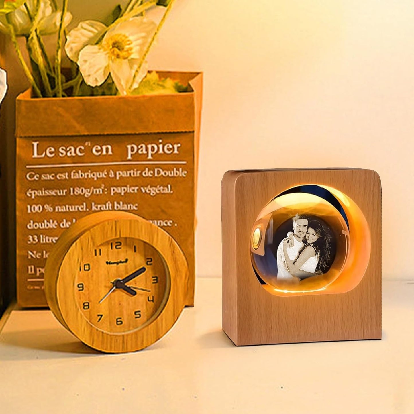 Custom 3D Crystal Photo Night Light – Personalized Glass Photo Ball with Customized 3D Picture Engraving, LED Light Wood Base, Unique Custom Gifts for Family, Pets, Birthday, Valentine's Day (Style 1)