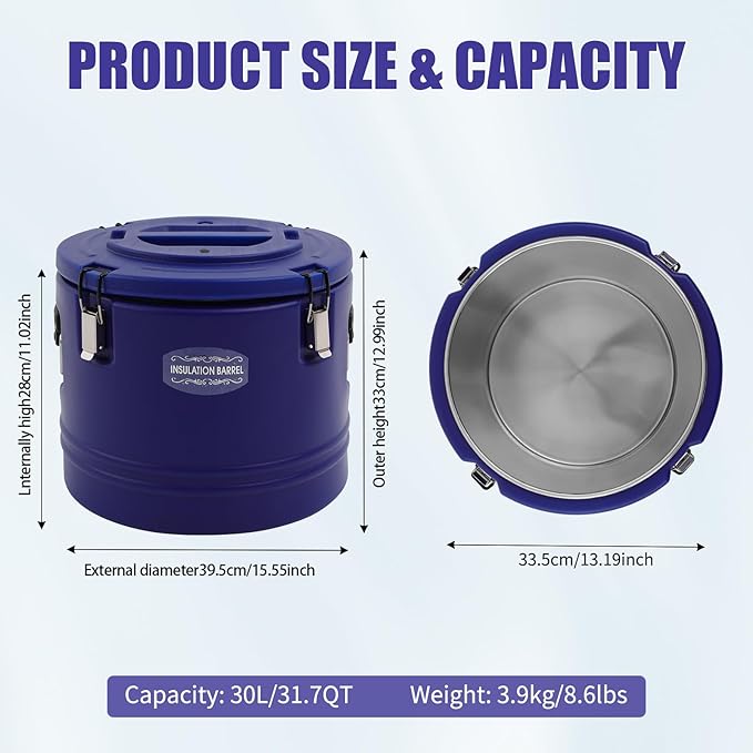 Insulated Soup Container 7.9 Gallon Commercial Food Warmer for Hot&Cold Food, Hot Box for Catering, Food Cooler Soup Carrier for Restaurant, Canteen 6H Insulation Time