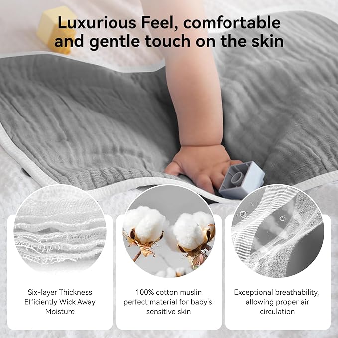 Synrroe Burp Cloths Large, Muslin Burp Cloths for Baby Girls and Boys, Pack of 4 Extra Absorbent and Soft Muslin, 6 Layers 20 by 10 Inches 100% Cotton (Blue-Grey 4 Pack)