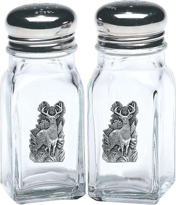 Heritage Pewter White Tail Deer Salt and Pepper Shaker Set of 2 Bottles | Expertly Crafted Pewter Glass