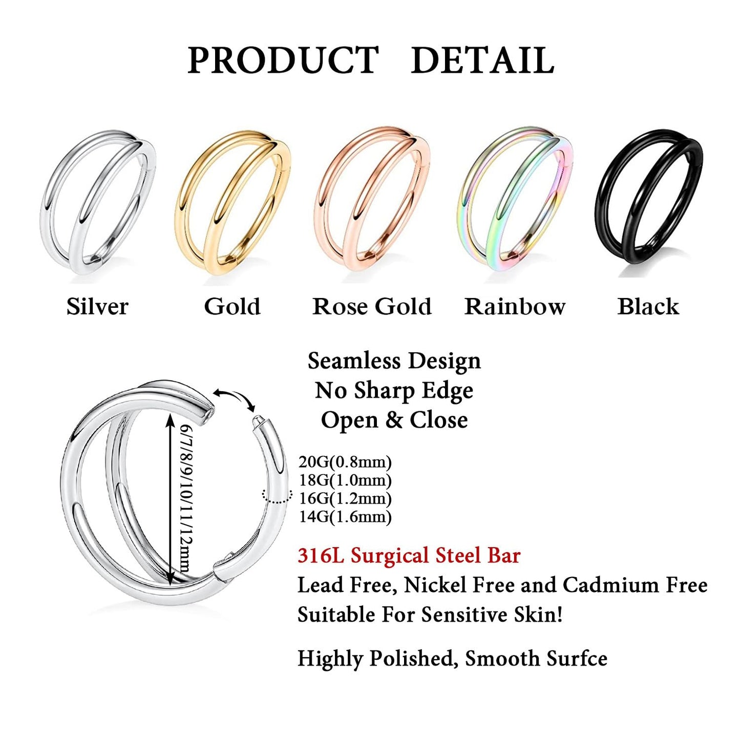 FUNLMO Double Hoop Nose Ring 16G Septum Tragus Helix Conch Rook Daith Piercing Jewelry Cartilage Earring 316L Surgical Steel Lip