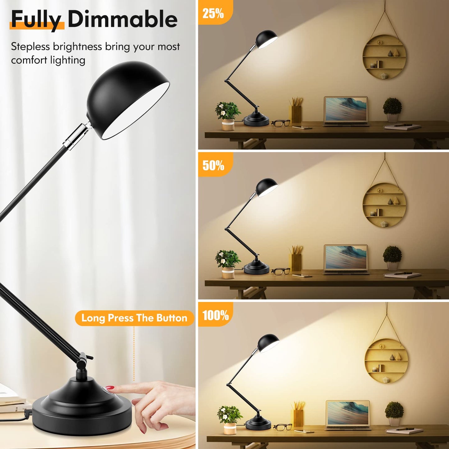 TOBUSA Touch Control LED Desk Lamp, Adjustable Swing Arm, Dimmable, 3000K/4000K/5000K, Black, Model T0345 BK
