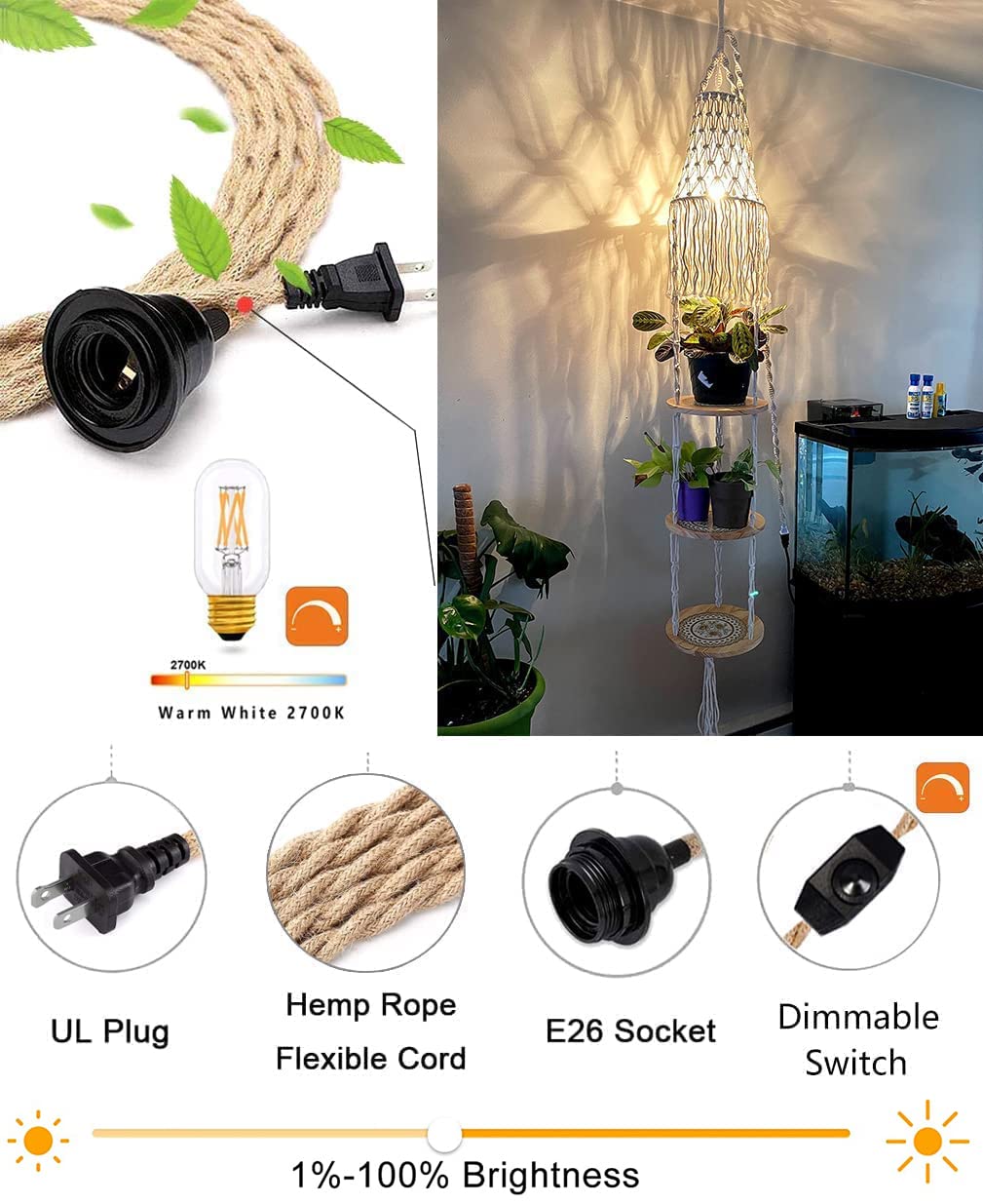 QIYIZM Boho Pendant Light with Plug-in Cord, Dimmable Switch, Macrame Shade, White, Ideal for Bedroom and Living Room Decor