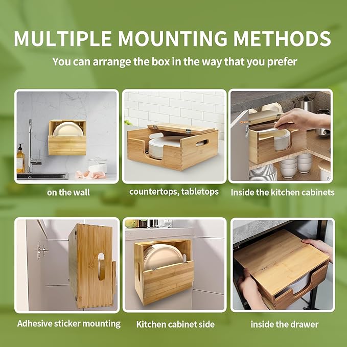 Bamboo Paper Plate Storage,Paper Plate Holders and Dispenser,fit for Kitchen Wall, Countertop and Under Cabinet 8-10in Plates
