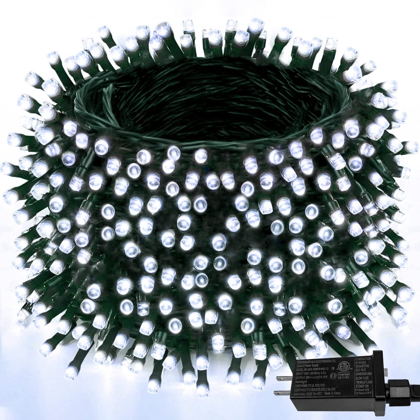 YIQU 800 LED Christmas String Lights, Green Wire, Waterproof, Memory Function Timer, 8 Modes, Cool White, Model MLS-D29V6WUC-O