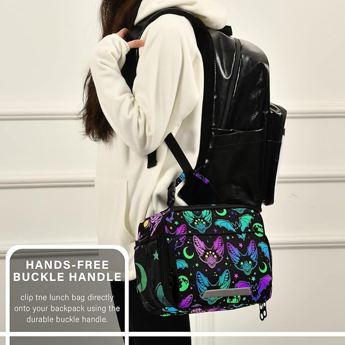 Halloween Rainbow Bats Lunch Bag Insulated Lunch Tote Bags Cooler Lunch Box Food Container for Men Women Kids Adults