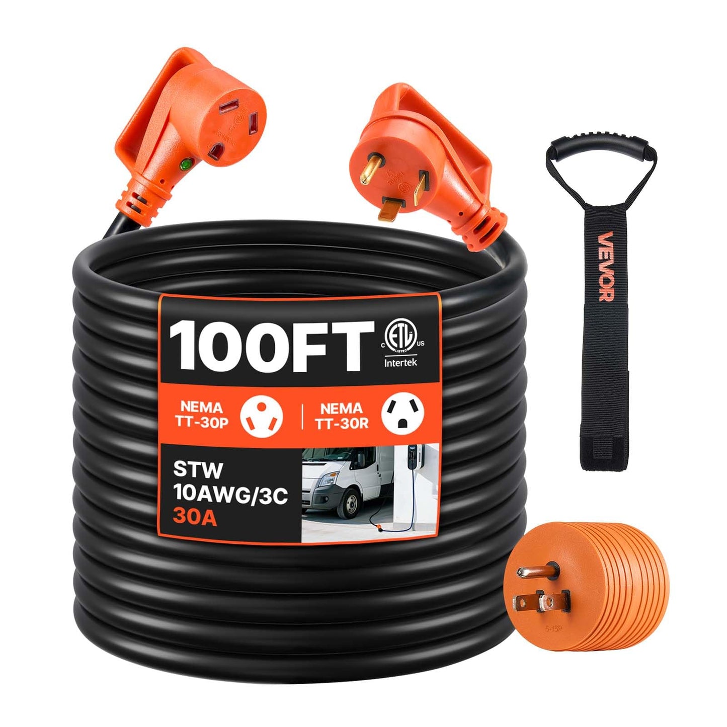 Vevor 100 Ft Rv Extension Cord, 30 Amp, 125V 2500W Heavy Duty Stw 10/3 Gauge Wire, Nema Tt-30P Male Nema Tt-30R Female Plug, Wit