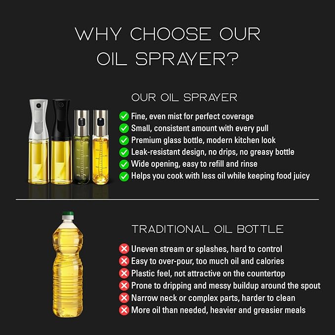 BOKKY Olive Oil Sprayer for Cooking 2 in 1, 220ml Glass Olive Oil Spray Bottle with Continuous Fine Mist, Food Grade Oil Sprayer for Air Fryer, Salad, BBQ, Baking, Frying (Black 2 Pack)