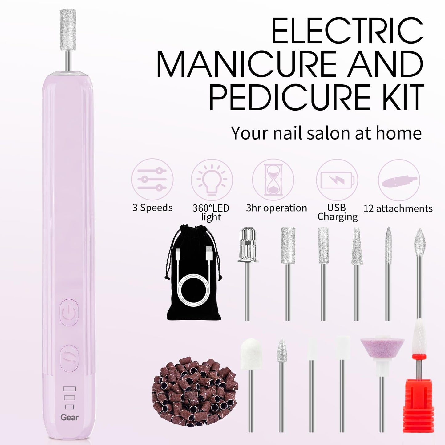 Professional Manicure Pedicure Kit -360 Light, Rechargeable Electric Nail Drill, Cordless Electric Nail File Set, 3 Speeds Hand