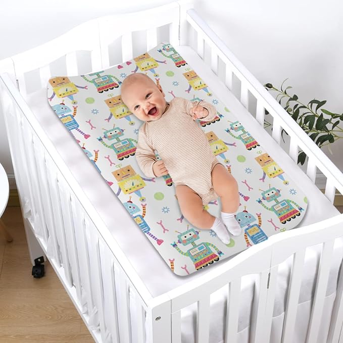 Cartoon Robots Changing Pad Covers Cute Robots Baby Diaper Changing Table Cover for Boys Girls Robots Nursery Decor Ultra Soft Breathable Stretch Changing Table Sheets Mats 32''x16''