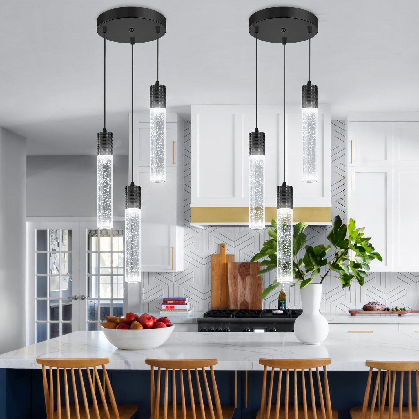Dolria 3-Lights Pendants Light For Kitchen Island Chandeliers Dining Room Pendant Lighting Fixture Bubble Crystal Ceiling Hanging Lights Bedroom Island Kitchen 6000K White Light Fixtures Black