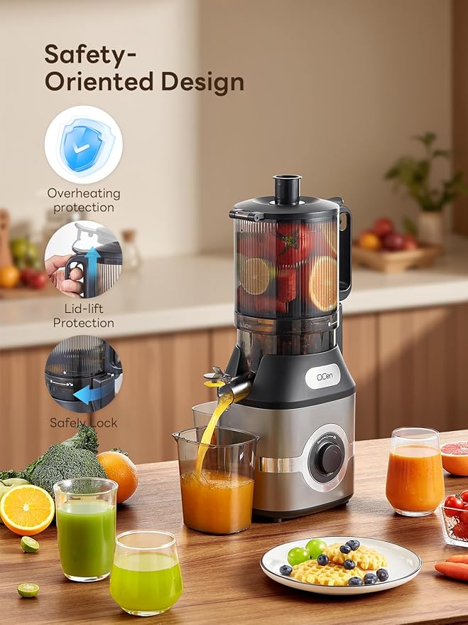 QCen Cold Press Juicer, 5.5” Wide Feed Chute Slow Masticating Juicer Machine for Whole Fruits and Vegetables, Easy to Clean (Gray)