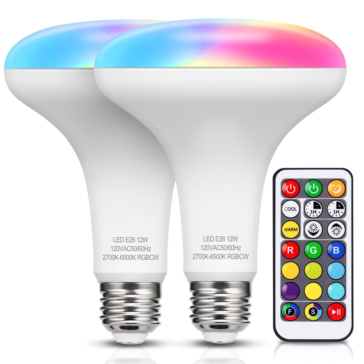 JandCase BR30 LED Light Bulb, RGB+Warm+Cool White, 12W (100W Equivalent), Dimmable, Remote Control, 2 Pack, Multi Color