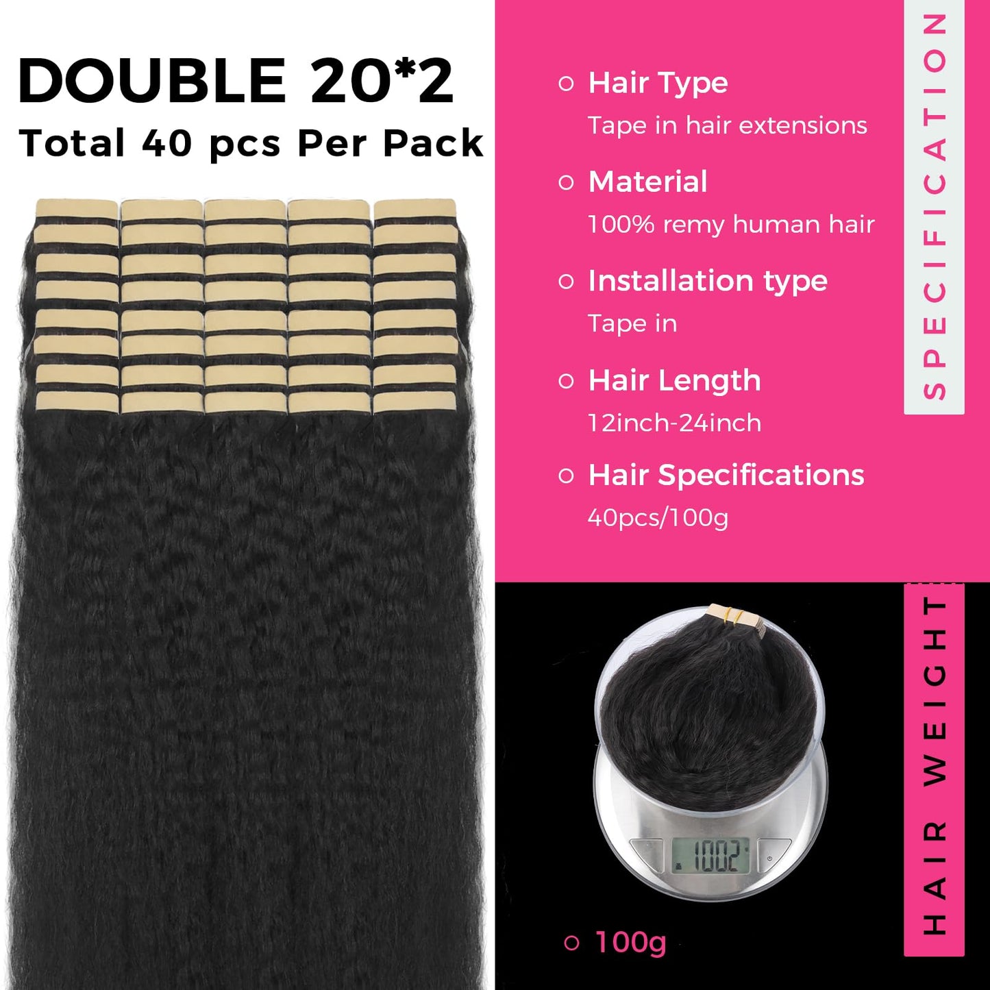 Lashey 100g 40pcs Tape in Hair Extensions Human Hair 20 Inch Kinky Straight Natural Black Tape in Hair Extensions Double-Side Ta