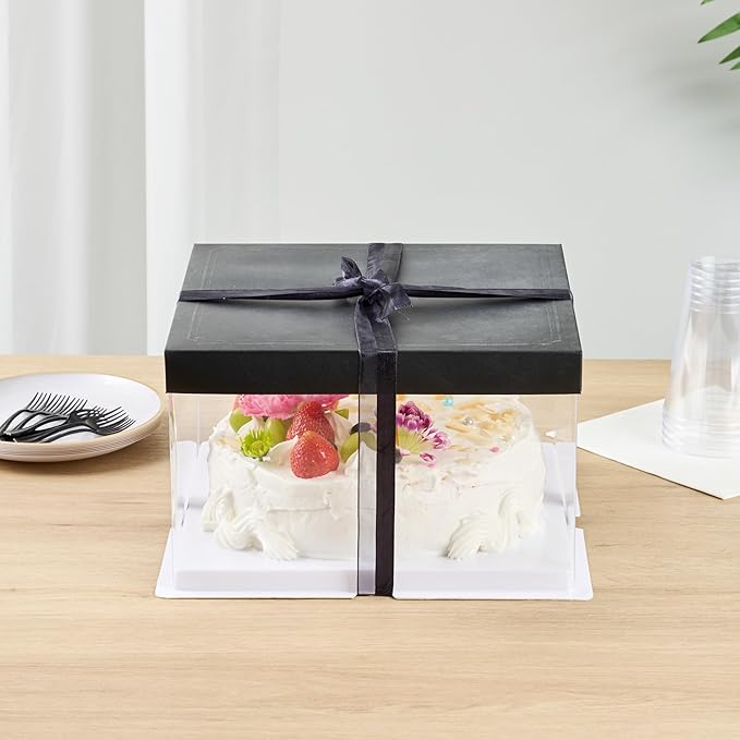 Restaurantware Sweet Vision 10 Inch x 8.25 Inch Transparent Cake Boxes 10 Grease Resistant Base Clear Cake Boxes - Black Lid Black Ribbon Plastic Birthday Cake Boxes For Weddings Or Birthdays
