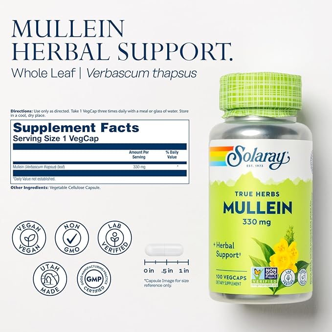SOLARAY Vitamin C 1000mg and Mullein Leaf Wellness Bundle - Time Release Vitamin C Supplement and Mullein Capsules, Traditionally Used for Wellness Support - Vegan, 60-Day Guarantee, 275/100 VegCaps
