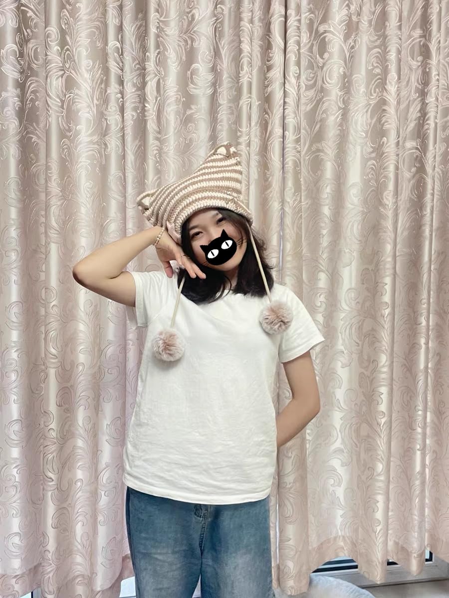Women Y2K Cat Ear Beanie Hat with Pom Poms Star Accessories Goth Grunge Crochet Knitted Slouchy Skully Caps Alt Emo Clothes (Khaki-Beige)