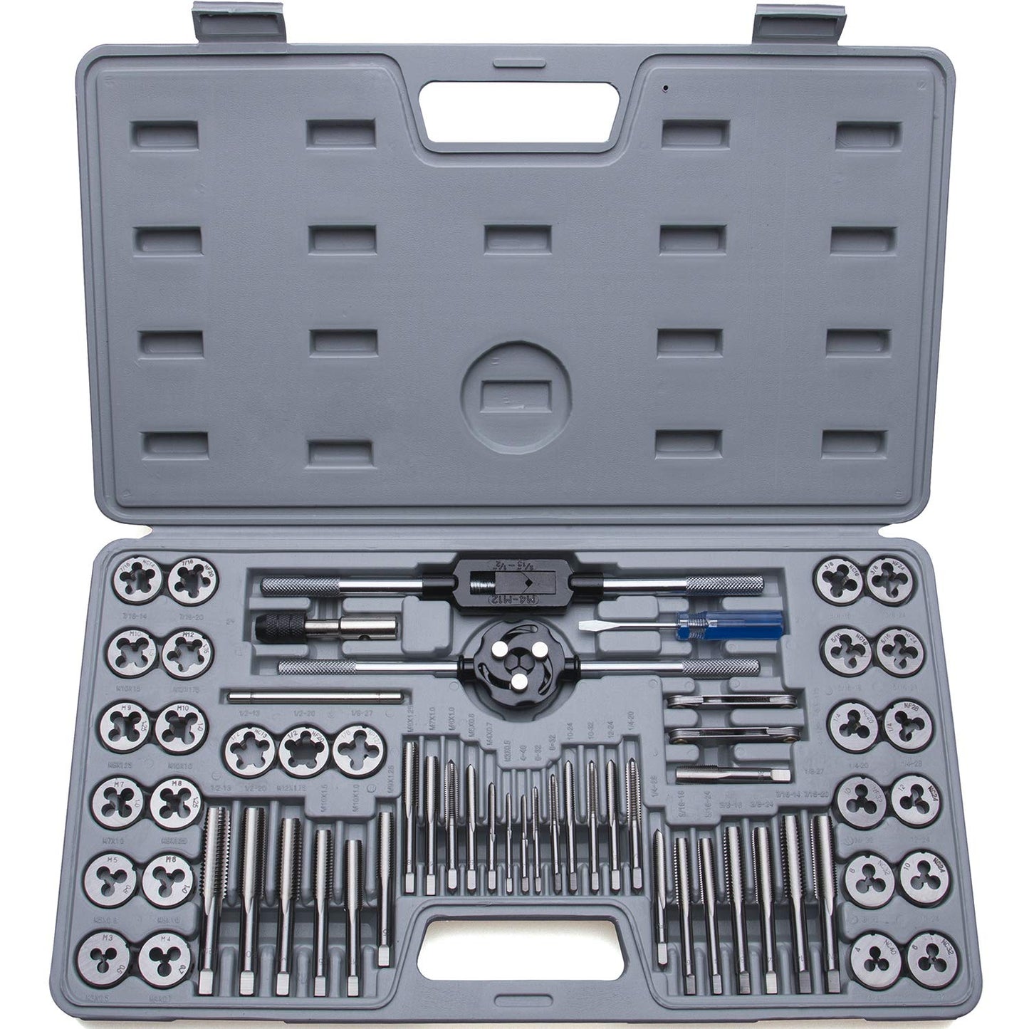 60-Pc Master Tap and Die Set - Include SAE Inch Size #4 to 1/2” and Metric Size M3 to M12, Coarse and Fine Threads | Essential Threading Rethreading Tool Kit with Complete Accessories and Storage Case