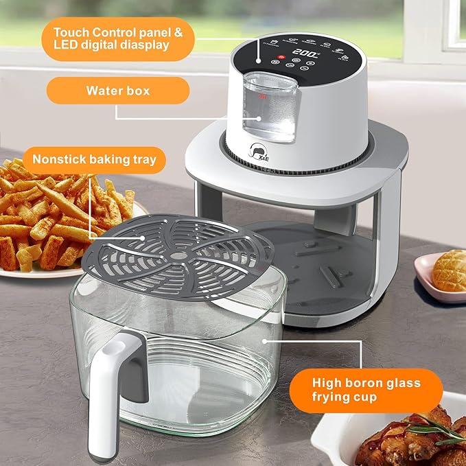 X&E 6-in-1 Glass Air Fryer,4.5QT Large Capacity, Up to 400°F High Heat,Food-Grade Borosilicate Glass,Easy-Clean Nonstick Basket, Smart Timer & Presets,Healthier, Less Oil Cooking