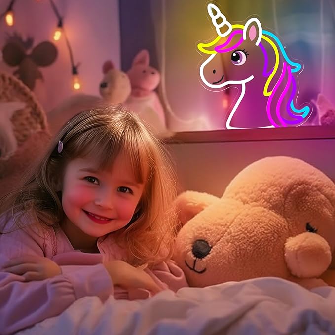 Unicorn Neon Sign for Wall Decor, Dimmable Colorful Unicorn Night Light for Girls Room, Nursery Classroom, Birthday Decoration, Cute Fairy Horse LED Light Up Sign for Kid Bedroom, Unicorn Gift for Girls
