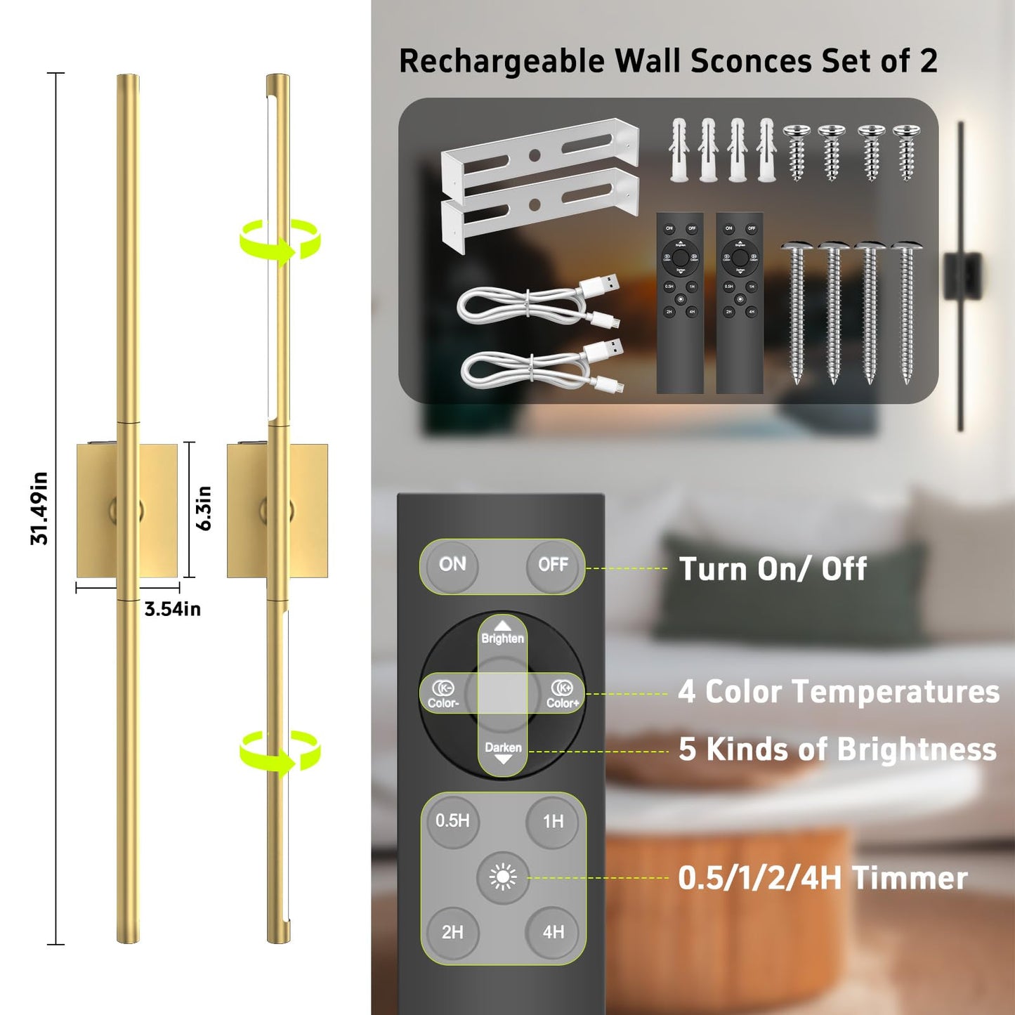 Battery Operated Wall Sconces Set Of Two: Dimmable Wireless Wall Lights With Remote  31.5Inch Led Rechargeable Sconces  360?Lighting Wall Scone Decor For Tv  Mirror  Bedroom  Living Room(Gold)