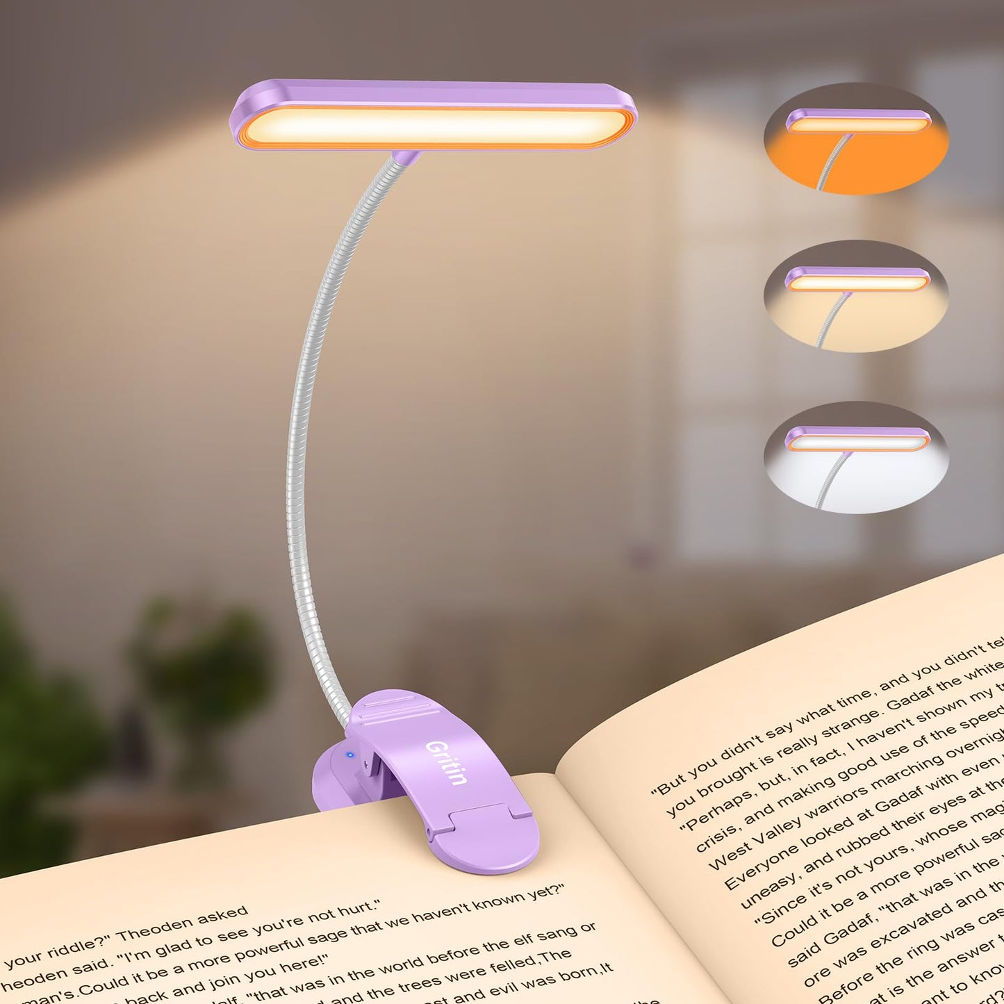 Gritin Rechargeable Book Light - 19 LED, 3 Color Temperatures, 5 Brightness Levels, Flexible Goose Neck, Model G1321, Purple