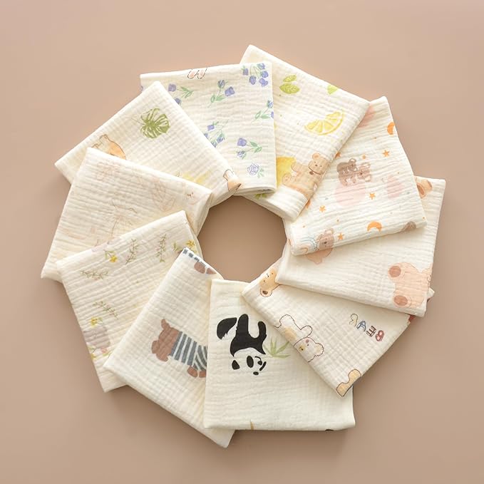 Baby washcloths,Soft Newborn Face Towels for Sensitive Skin,Cute Patterns for Infant,Toddler,Kids and Makeup Remover, 10 Pack 12x12 inches Registry as Shower (Animals)