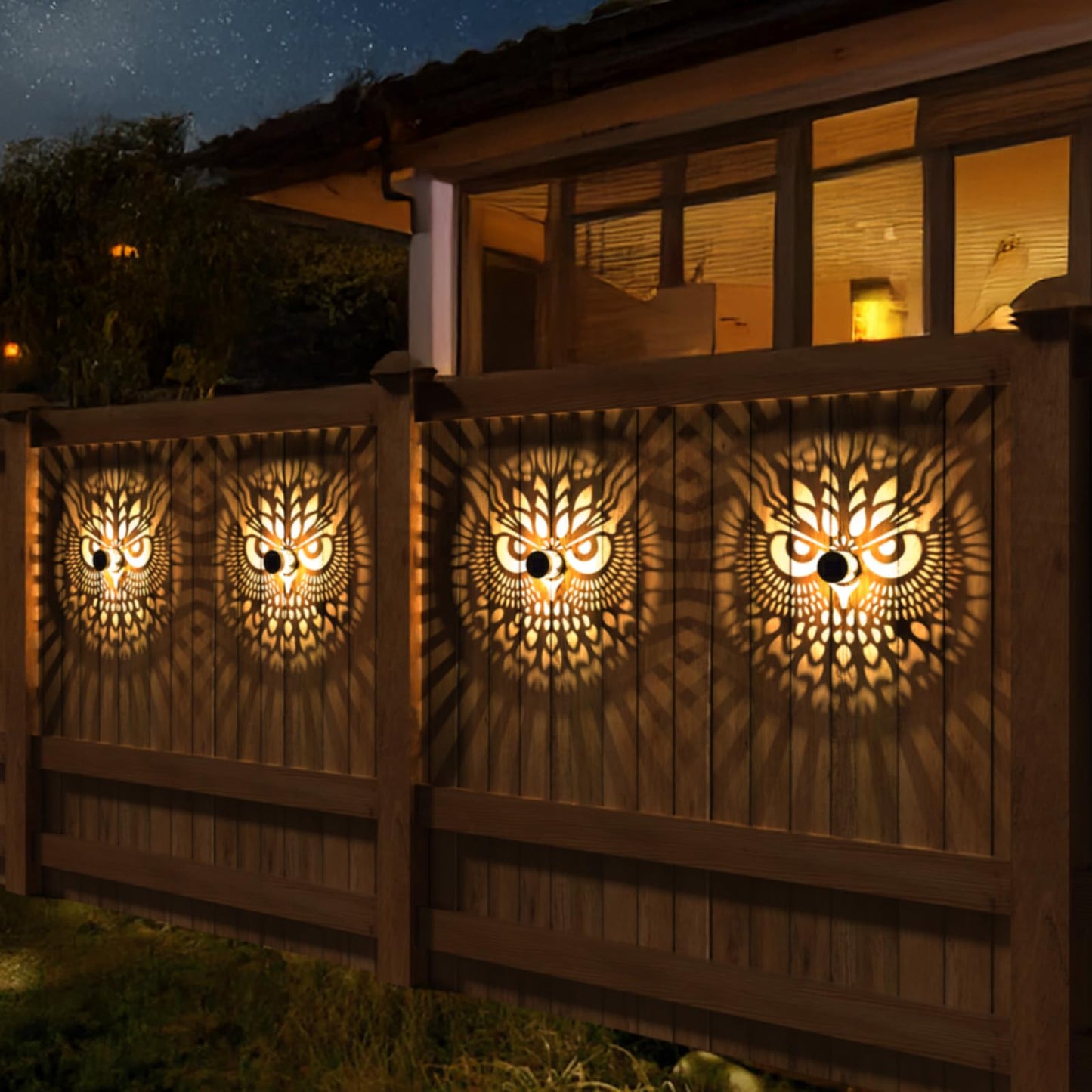 Gardencave Solar Fence Lights 4 Pack Owl Theme Waterproof Outdoor Wall Deck Step Lights for Garden Patio Yard Decor