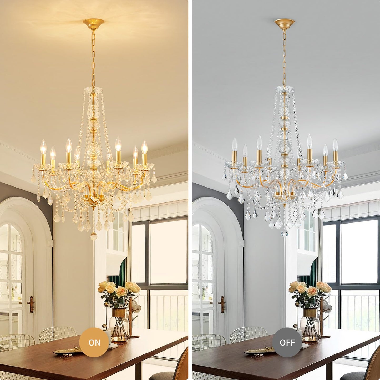 Wuzups 8-Light Crystal Candle Chandelier Pendant Ceiling Light Modern Lighting Fixture For Bedroom Hallway Bar Kitchen Bathroom  H 35.4 W 27.6  E12 Base  Gold
