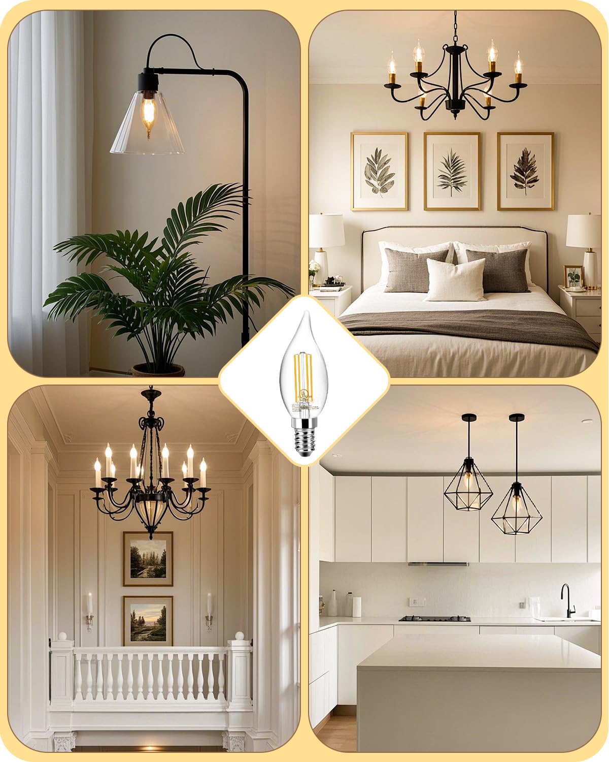 TJOY E12 LED Candelabra Bulb Dimmable, 60W Equivalent LED Chandelier Light Bulbs, 5.5W 2700K Soft Warm White 600LM CA11 Flame Tip Vintage Filament Candle Light, 12 Pack